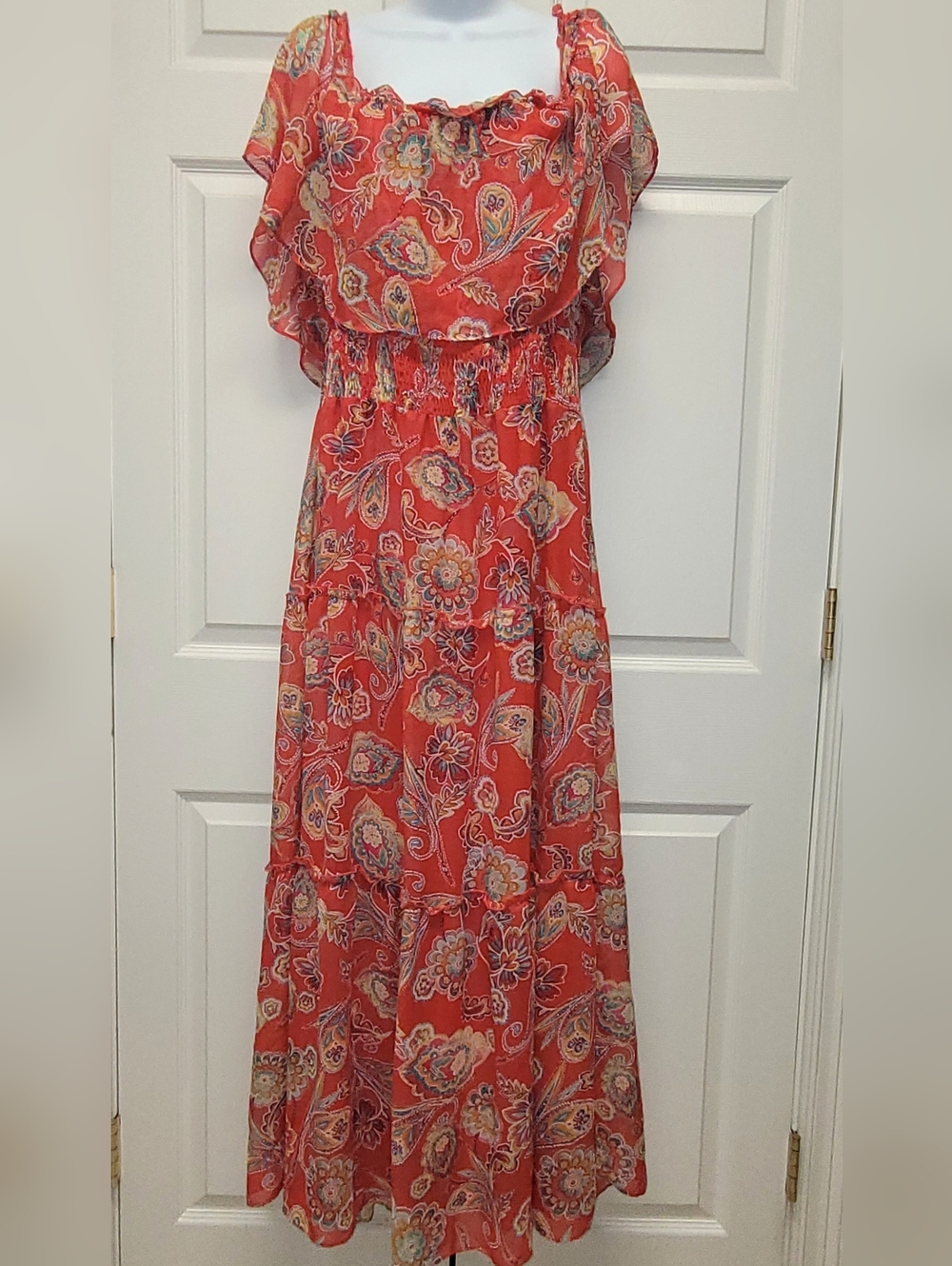 CHRIS MCLAUGHLIN 18W Red Floral Paisley Off Shoulder BOHO Tiered Maxi Dress